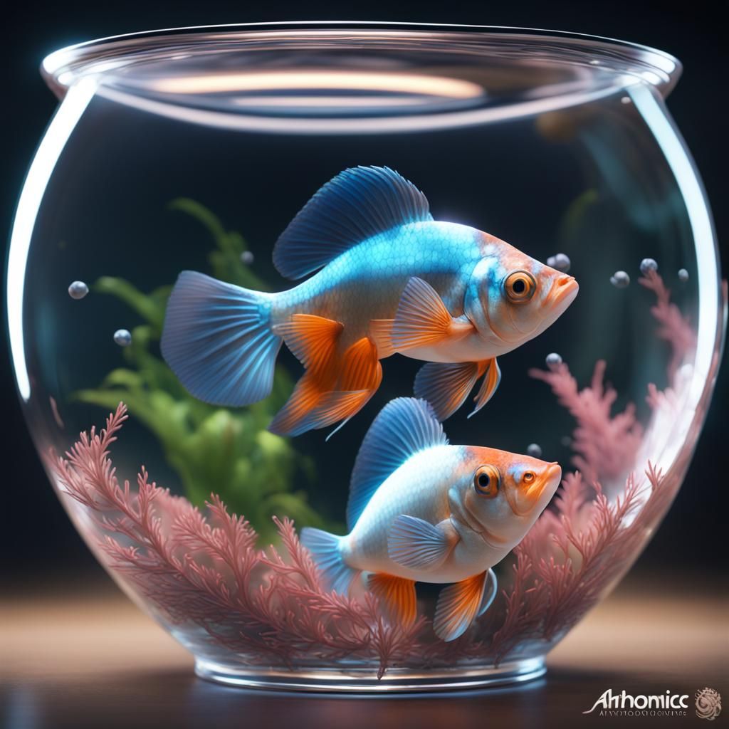 two fancy guppies in a glass fish bowl head and shoulders portrait, 8k