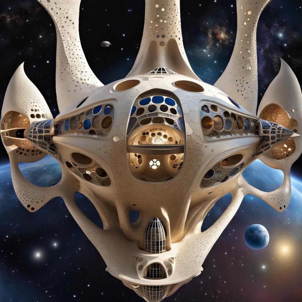 In deep space. A Gaudi styles space ship.