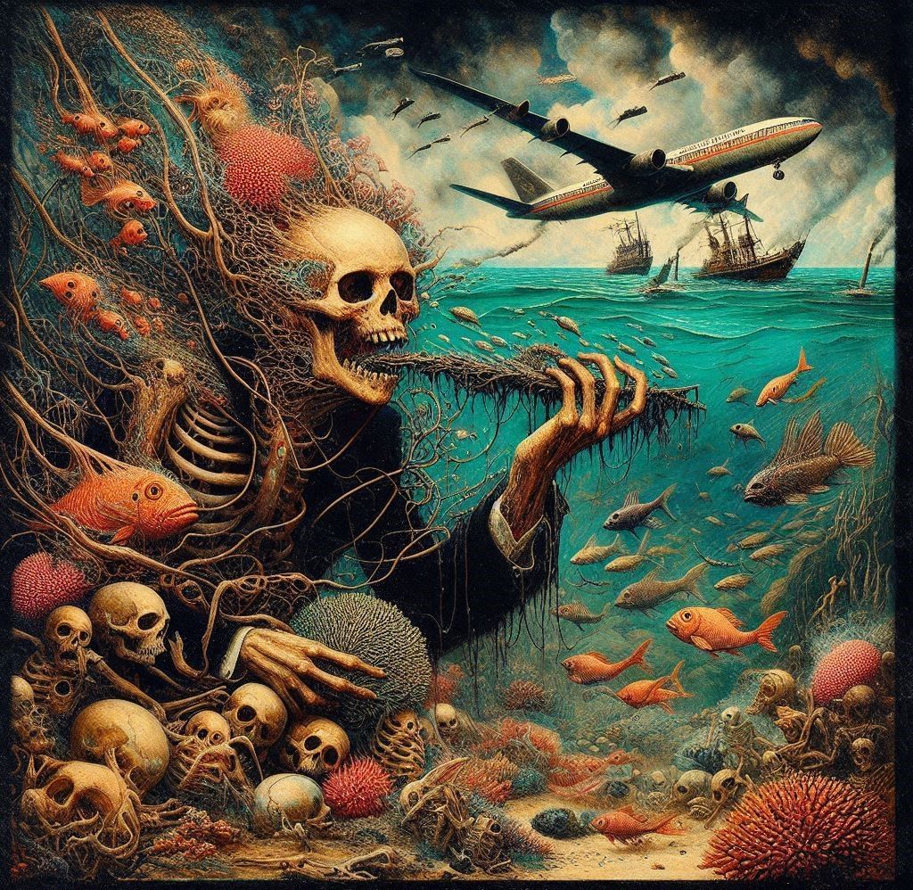 Let them eat oil, let them poison the seas, While the rich take their planes, and we beg on our knees. The reef is a gho...