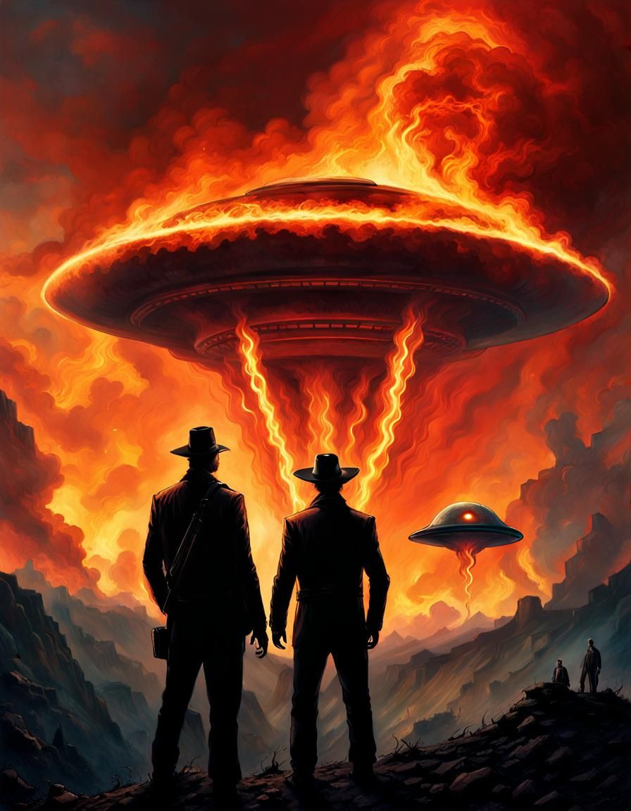 a photo with a man and two aliens, fire in the sky, fire from sky, ufo ...