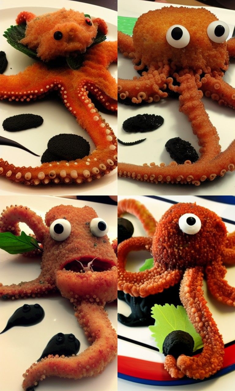 Breaded Octopus with squid ink eating a leaf AI Generated Artwork