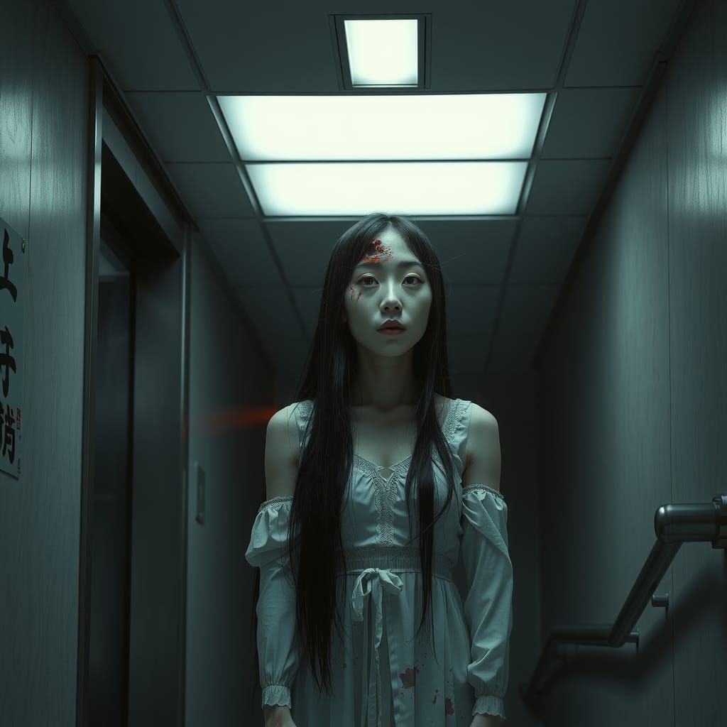 Eerie Japanese Ghost in Modern Stairwell