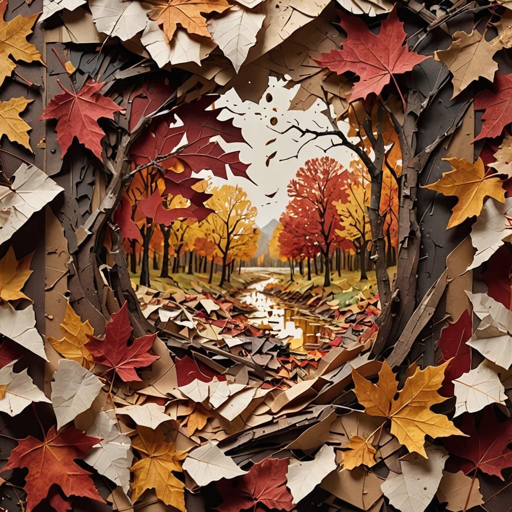 A torn paper leaf collage of an Autumn scene within a scene