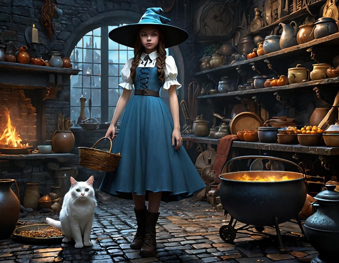 Tiffany Aching: 12 years old witch, blue dress, white upron, invisible witch hat, heavy boots, holding a cast iron pan, one small white cat,...