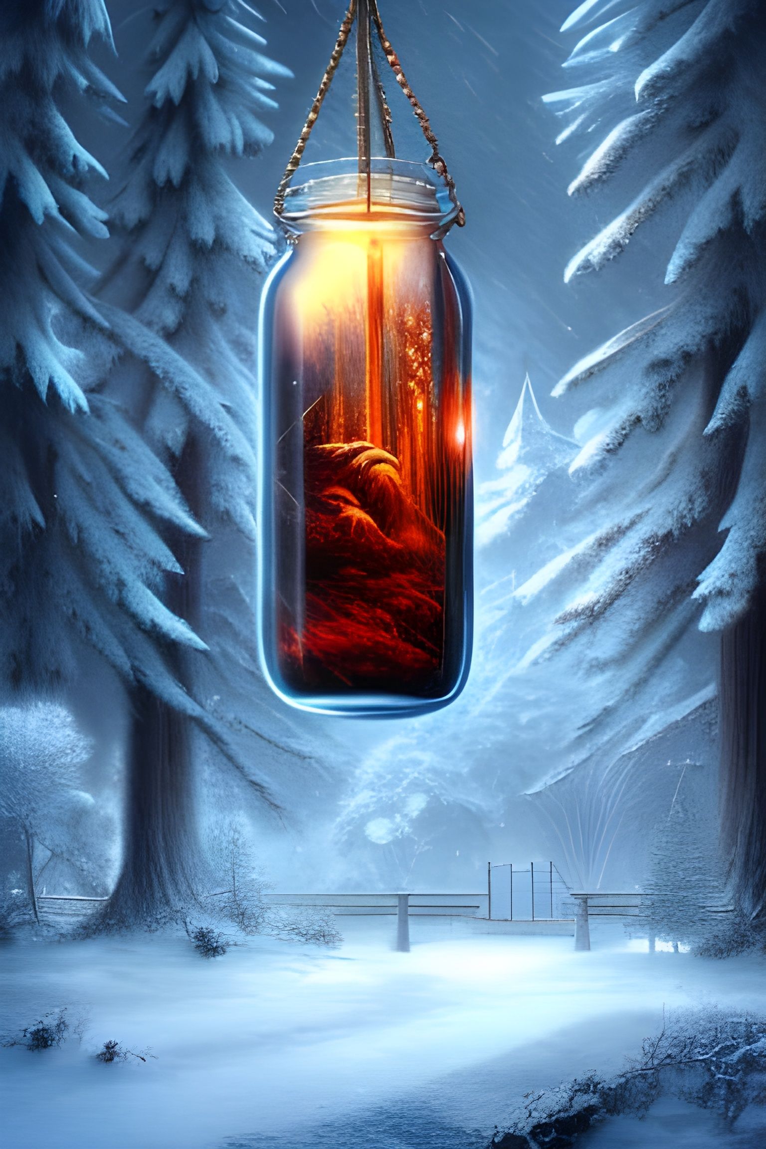 Winter Scene in Glass Jar: Detailed Digital Matte Painting