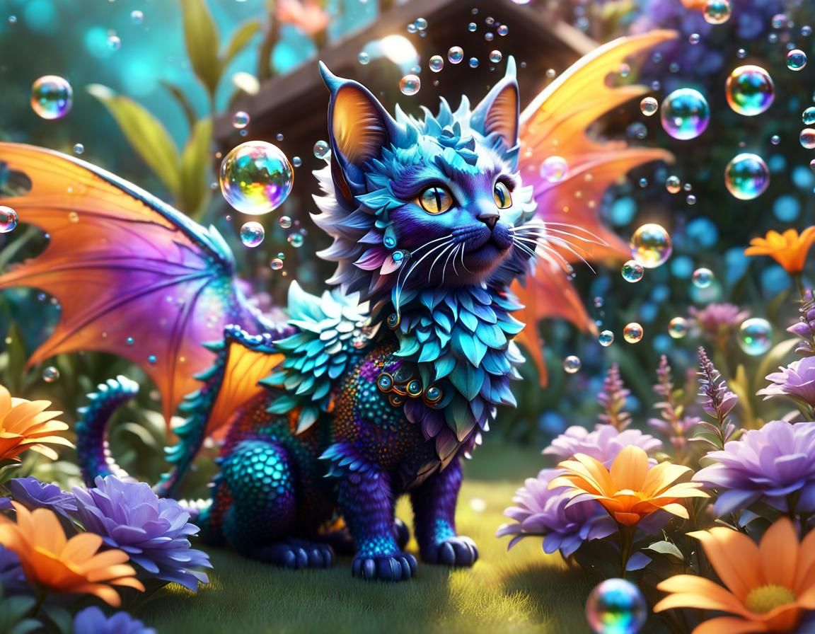 ""tiny hybrid cat dragon (fluffy furr and wings:1.3), purple...