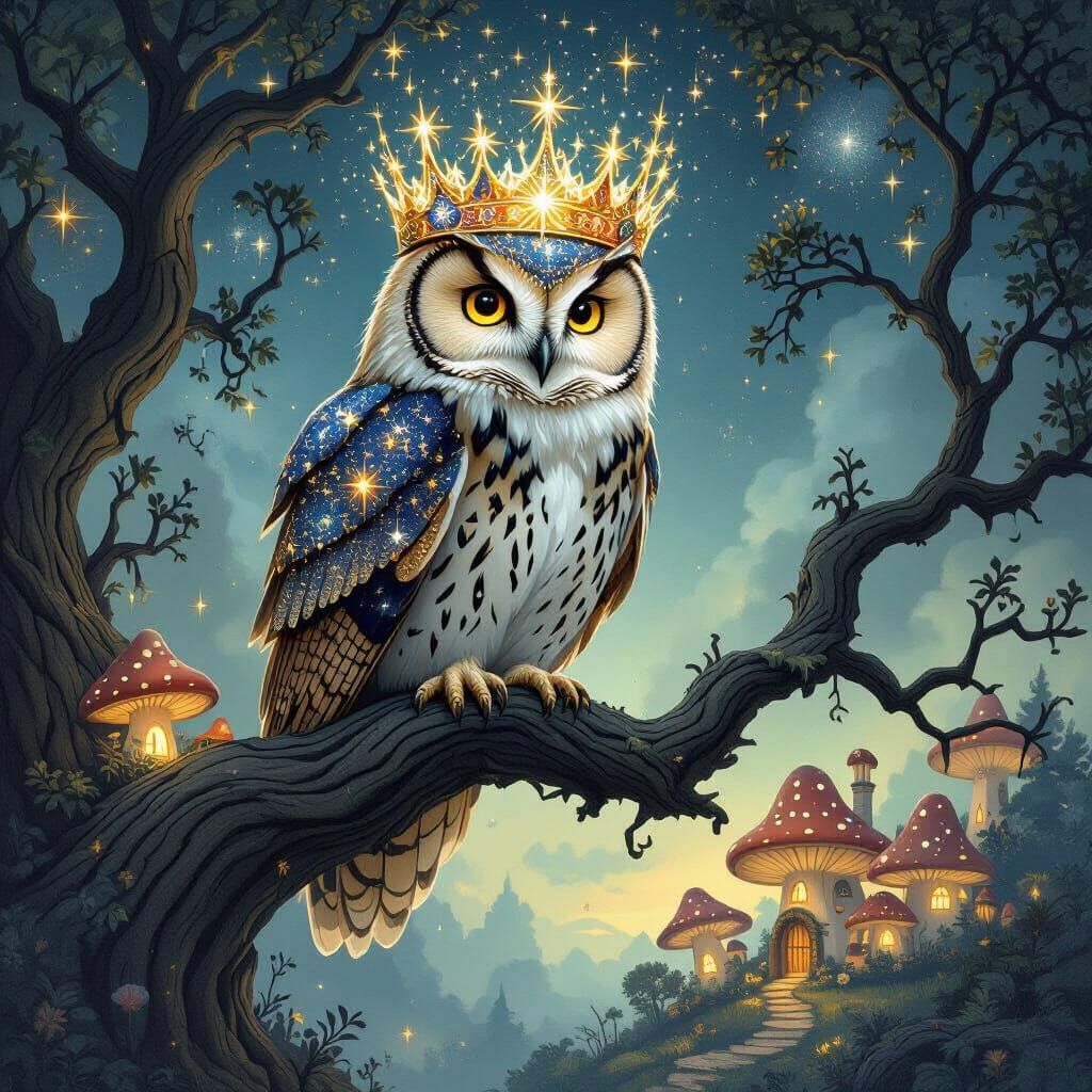A majestic owl in the fancy crown made of billion stars and nebulas, perched on a gnarled, ancient oak ...  by @Tech Acc