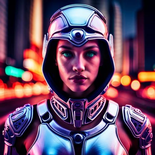 Portrait of a cyborg girl wearing futuristic face armor in a...