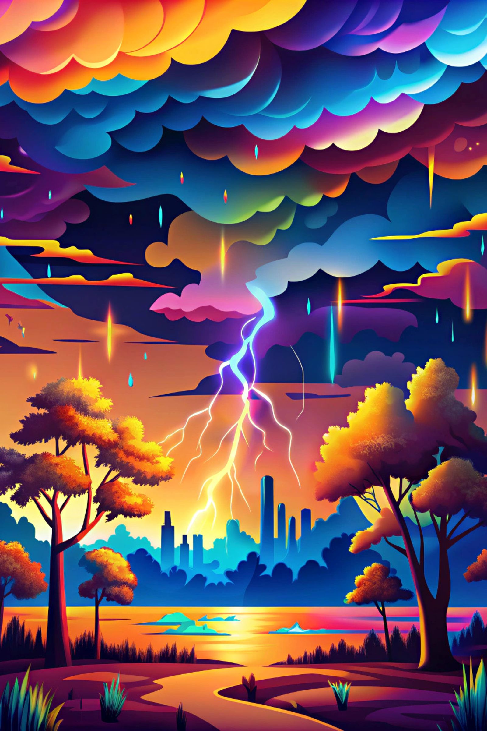 Psychedelic and abstract vector image of the Southwest US monsoon season hitting a city