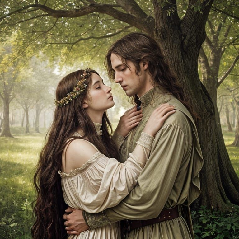 A pre-raphaelite painting, in the style of JW Waterhouse, of Queen Guenivere and Ser Lancelot, asleep in eachother's arms beneath the canopy...