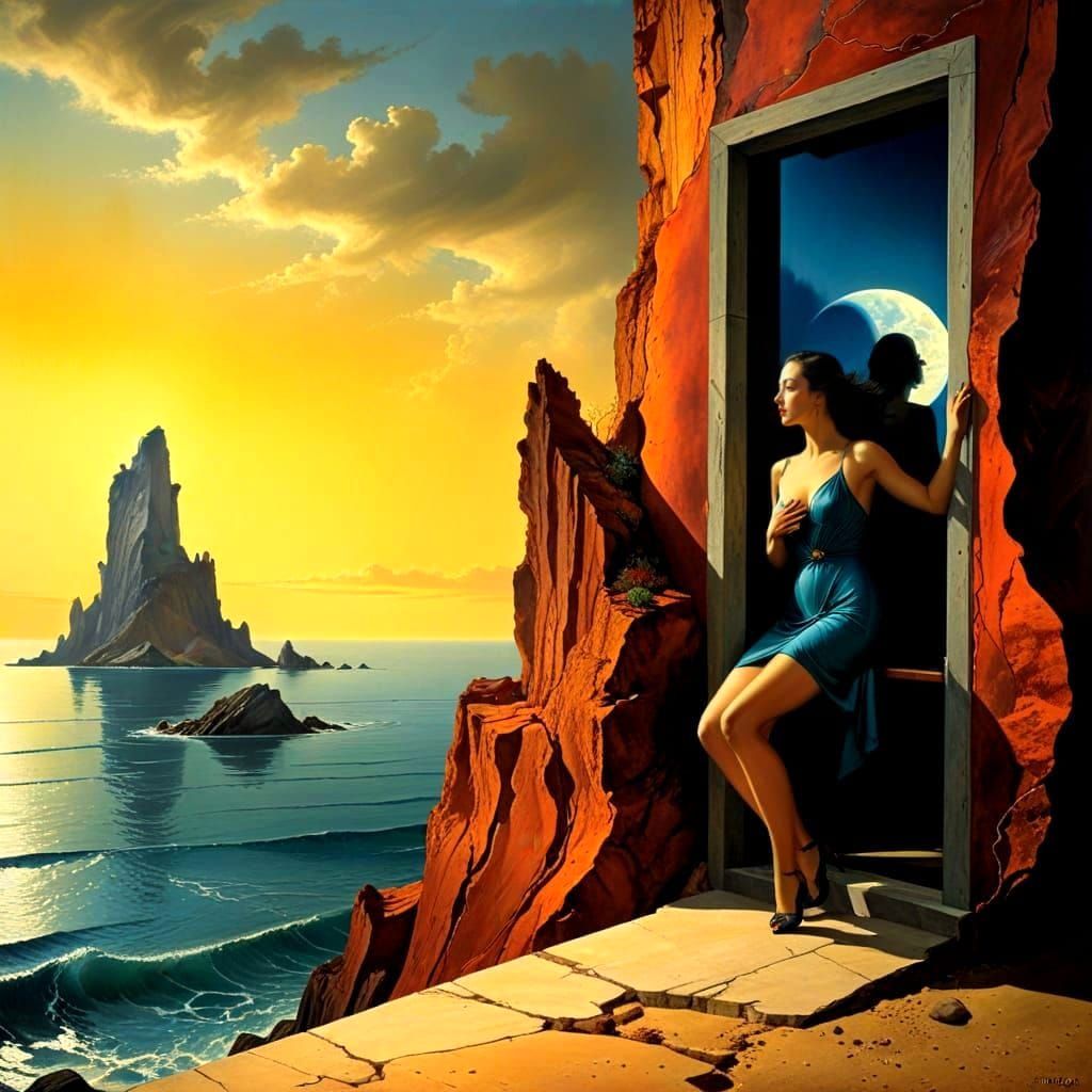 Surrealistic Landscape with Elegant Female Figure in High Co...