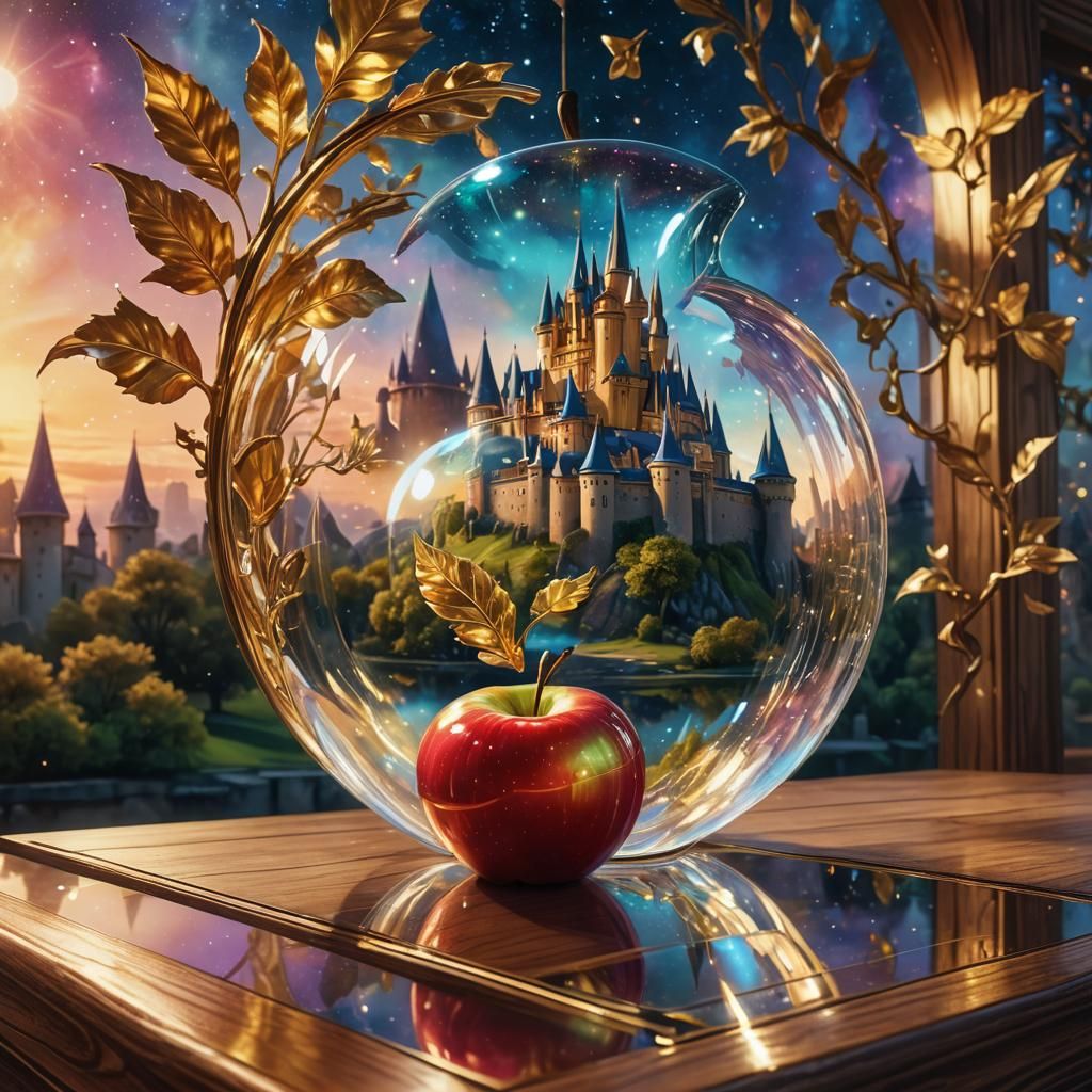 Surreal Transparent Apple Reflecting Cosmic Castle