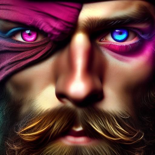 Heterochromia, <lora:SapphHeterochromia:1.0> one purple eye and one pink eye, man, pirate, beautiful, hyperrealistic, photography, portrait,...