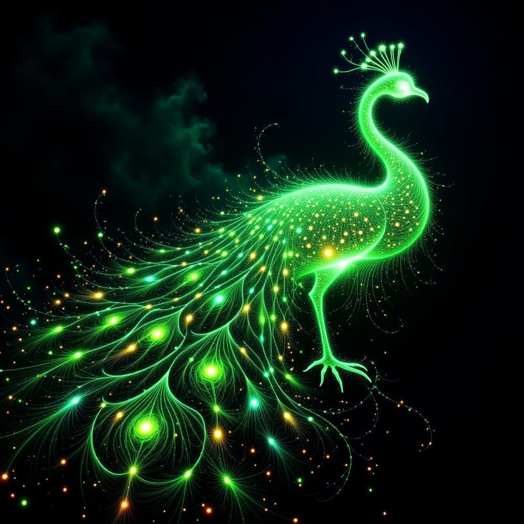 <lora:Glow:1.0> Emerald-lit peacock made of strings. Computational string art by Petros Vrellis. meticulously crafted from swirling firework...