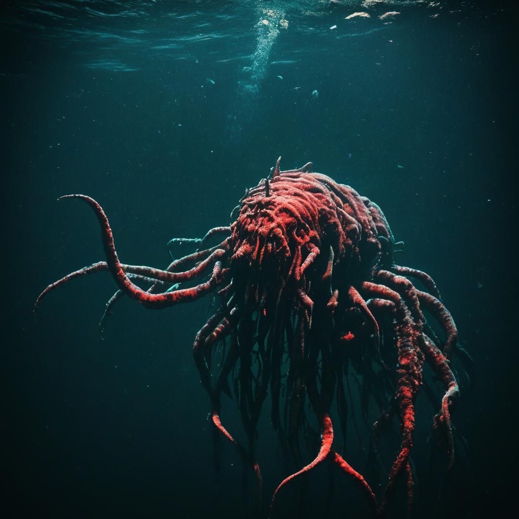 Polaroid of marianas trench deep sea muscles sinew cartilege rot cosmic eldritch cosmic worm tube monster underwater.
Da...
