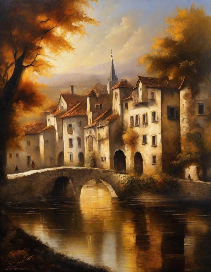 stunning 17th century European river village scenery with a big old tree, detailed and intricate environment, oil painting, dripping paint,...