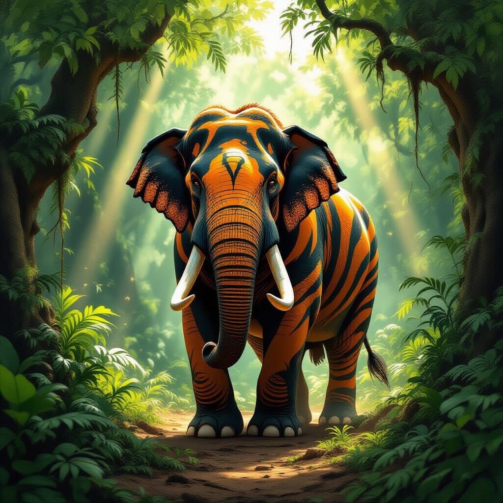 Majestic Tigris-Elephant Hybrid in Ancient Forest
