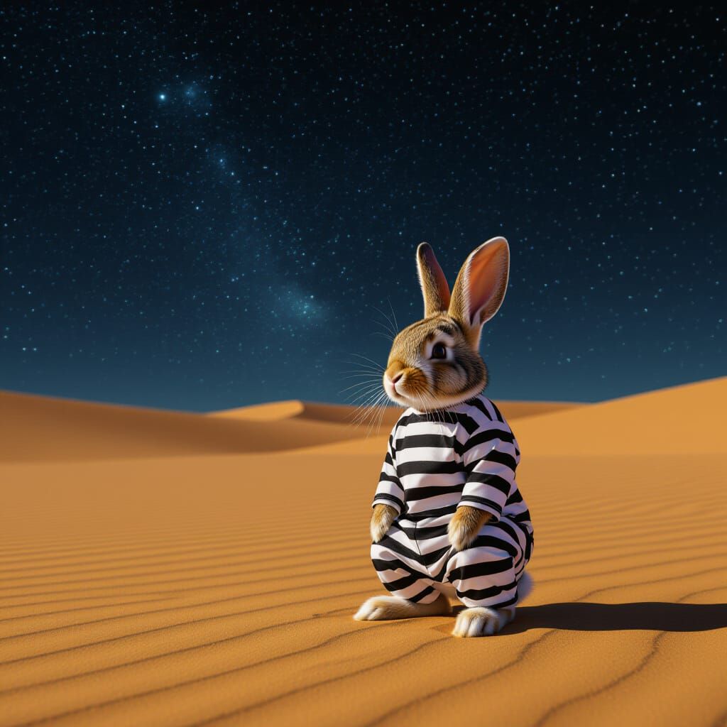 Solitary Rabbit in Vast Desert Under Starry Sky