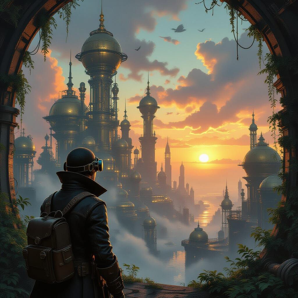 An abandoned steampunk cityscape shrouded in cosmic dust, with towering brass structures and intricate pipework overgrown with alien flora. ...
