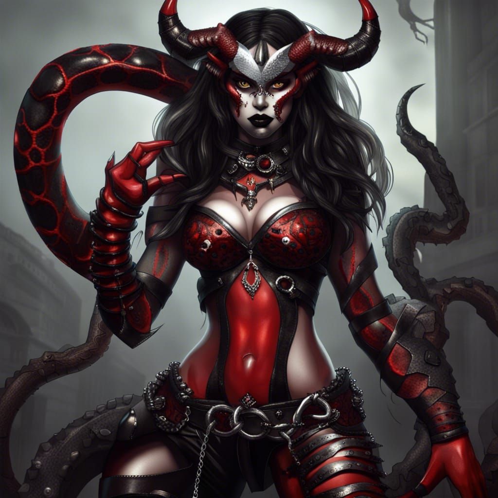 Beautiful female monster with snake textured red and black s...