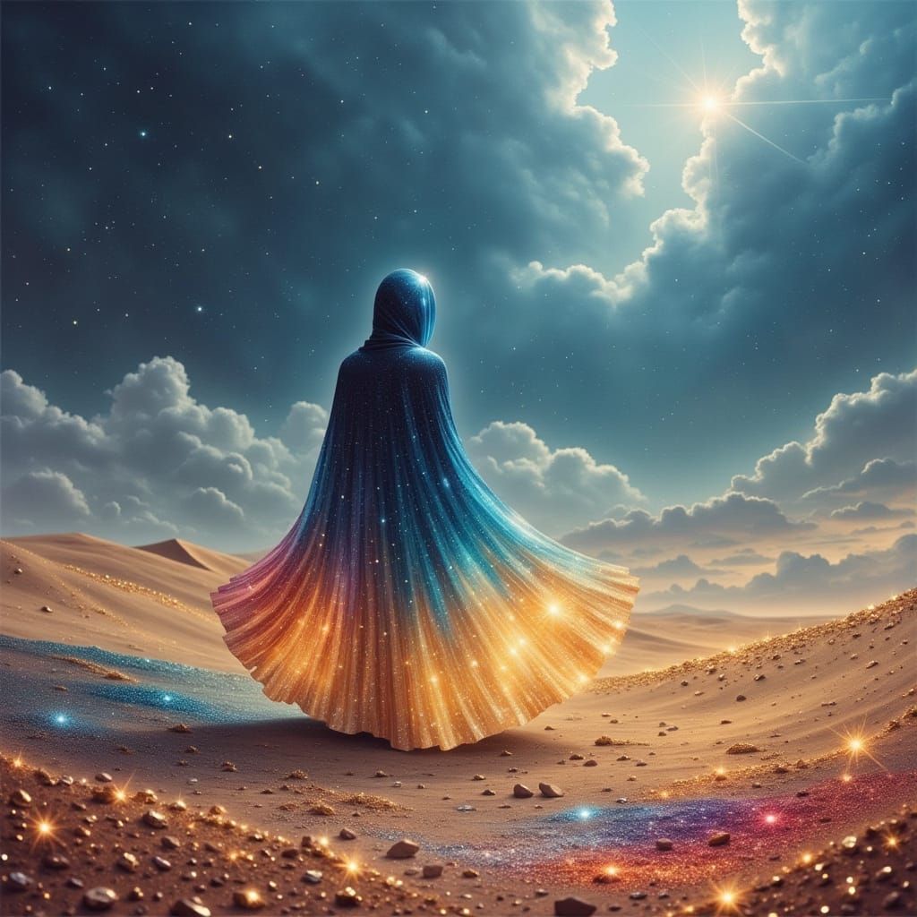 A lone figure in a flowing, hooded cloak stands atop rainbow desert dunes