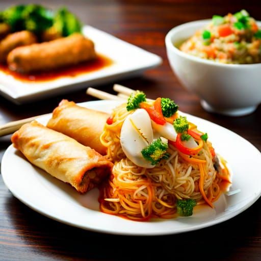 plate of chinese food on the dinner table, fried rice, egg rolls, chop