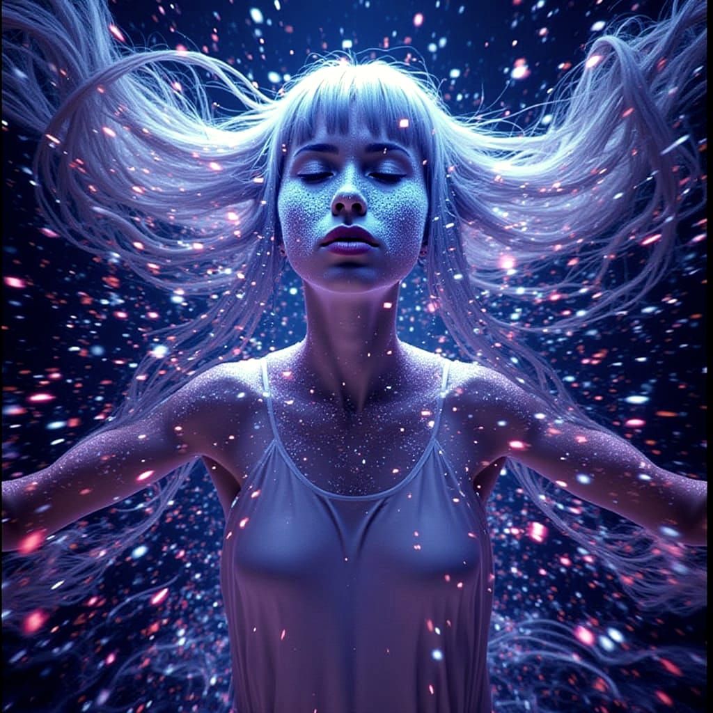 A woman with impossibly long, dark hair that dissolves into digital static and fragmented pixels, Cinematic film still, shot on v-raptor XL,...