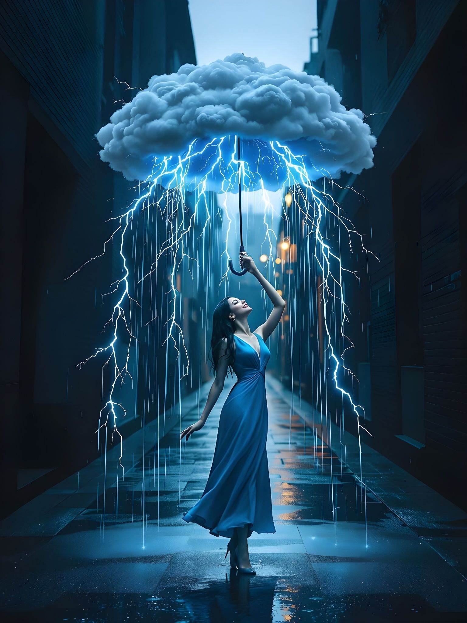 Woman holding surreal raining lightning storm cloud umbrella  by @David Myers