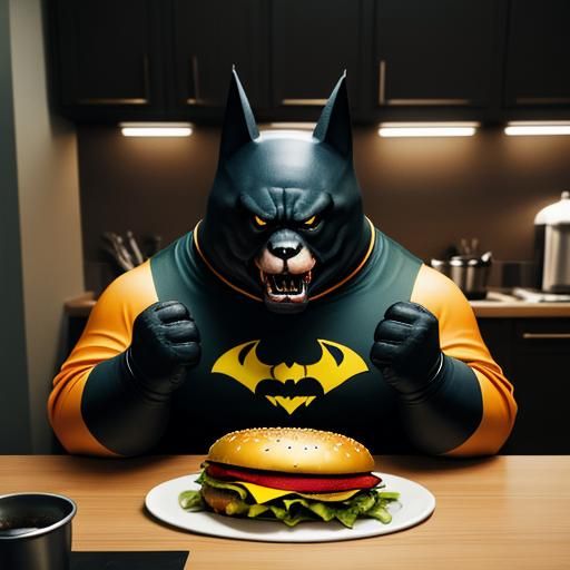 Fat Superhero in a bat costume eats a burger in his kitchen