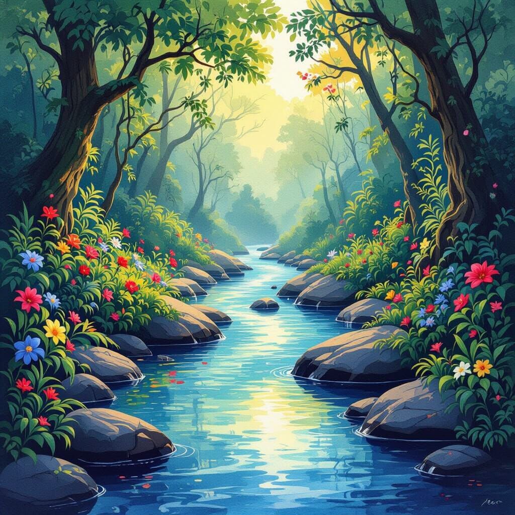 Enchanted Forest River in Vibrant Watercolor