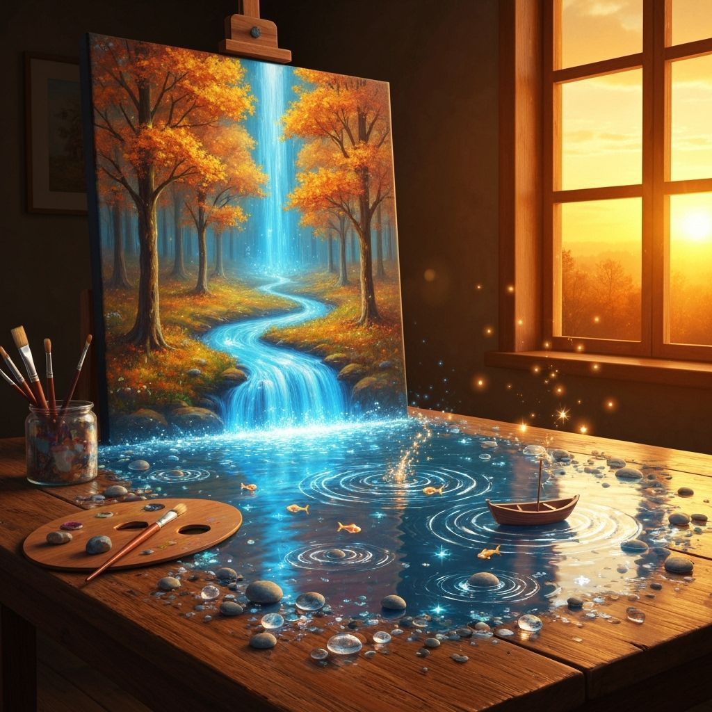 A magical hyper-detailed oil painting in a vintage artist’s studio. The painting shows an enchanted autumn ...  by @Dawn68