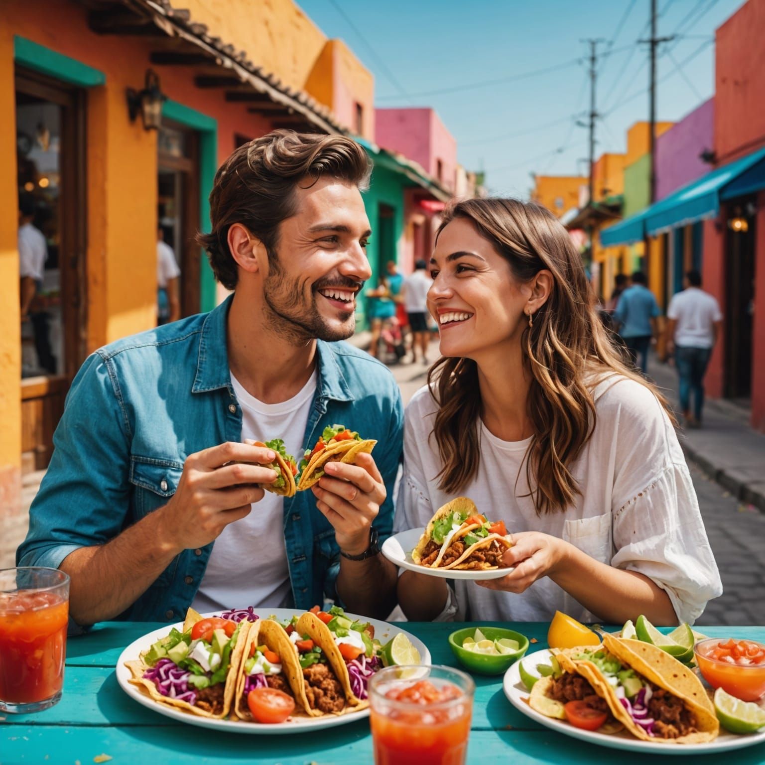 A couple in love happily eating colorful tacos in a Mexican ...