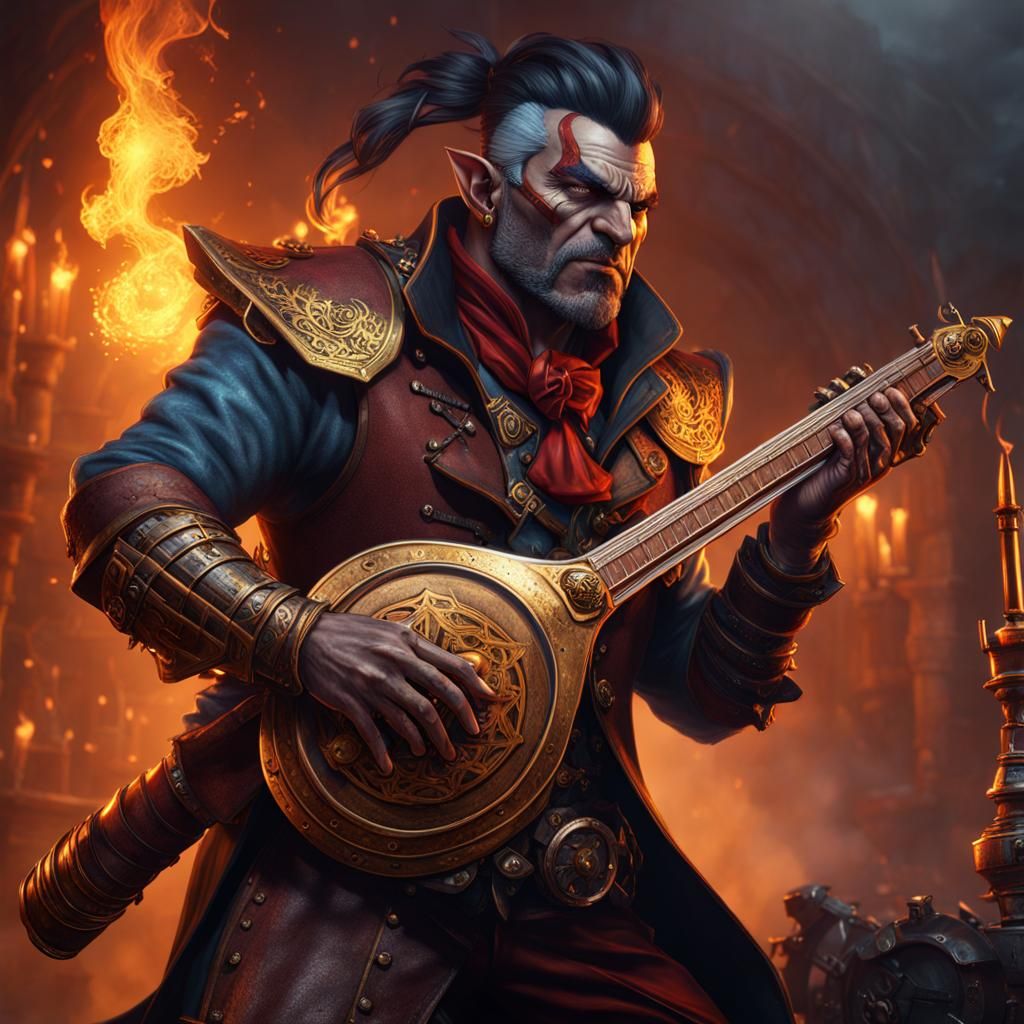 Half orc steampunk bard wielding hammer-lute - AI Generated Artwork ...