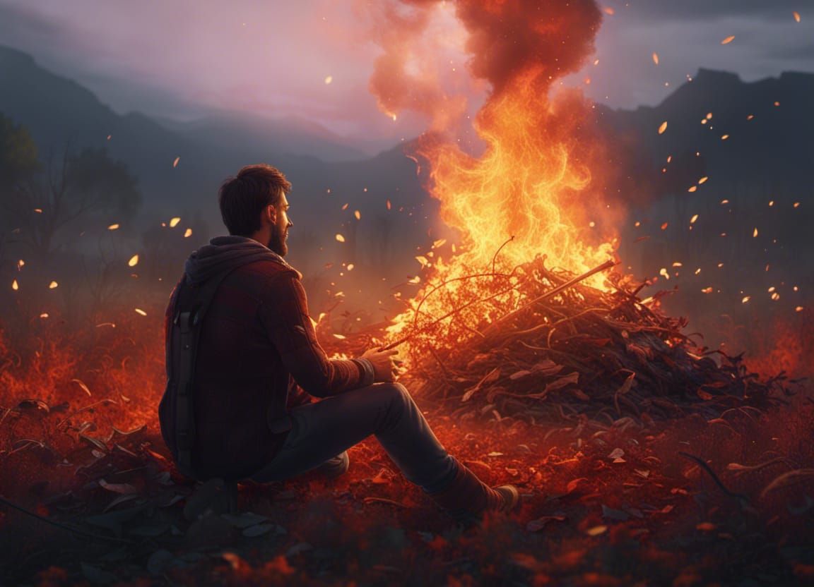 a man sitting burning dry leaves in big fire in a field sunrise