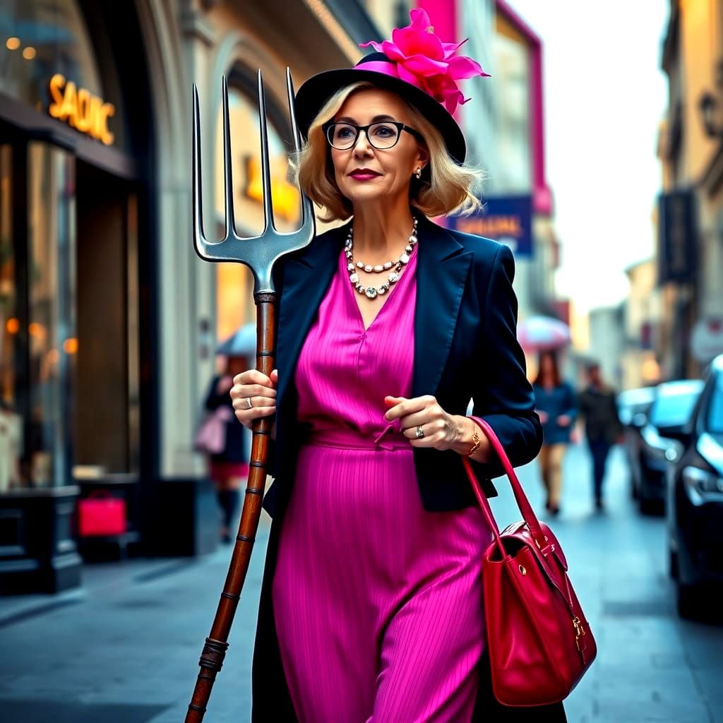 Elegantly Dressed Lady Strolls Luxury Shopping Street with P...
