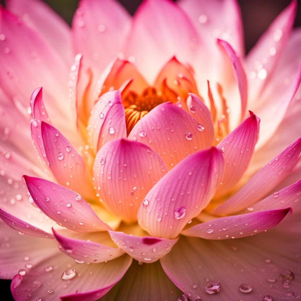 Ultra-detailed macro photography of a blooming pink lotus flower, covered with morning dew, soft natural ...  by @Fausto Santos