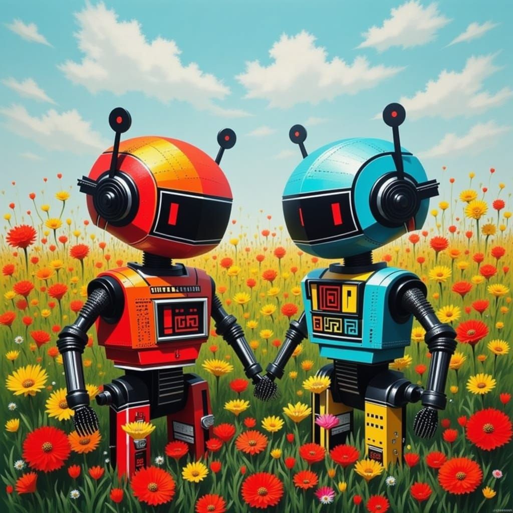 <lora:BARCODE:1.0> Cute robots in a flower garden