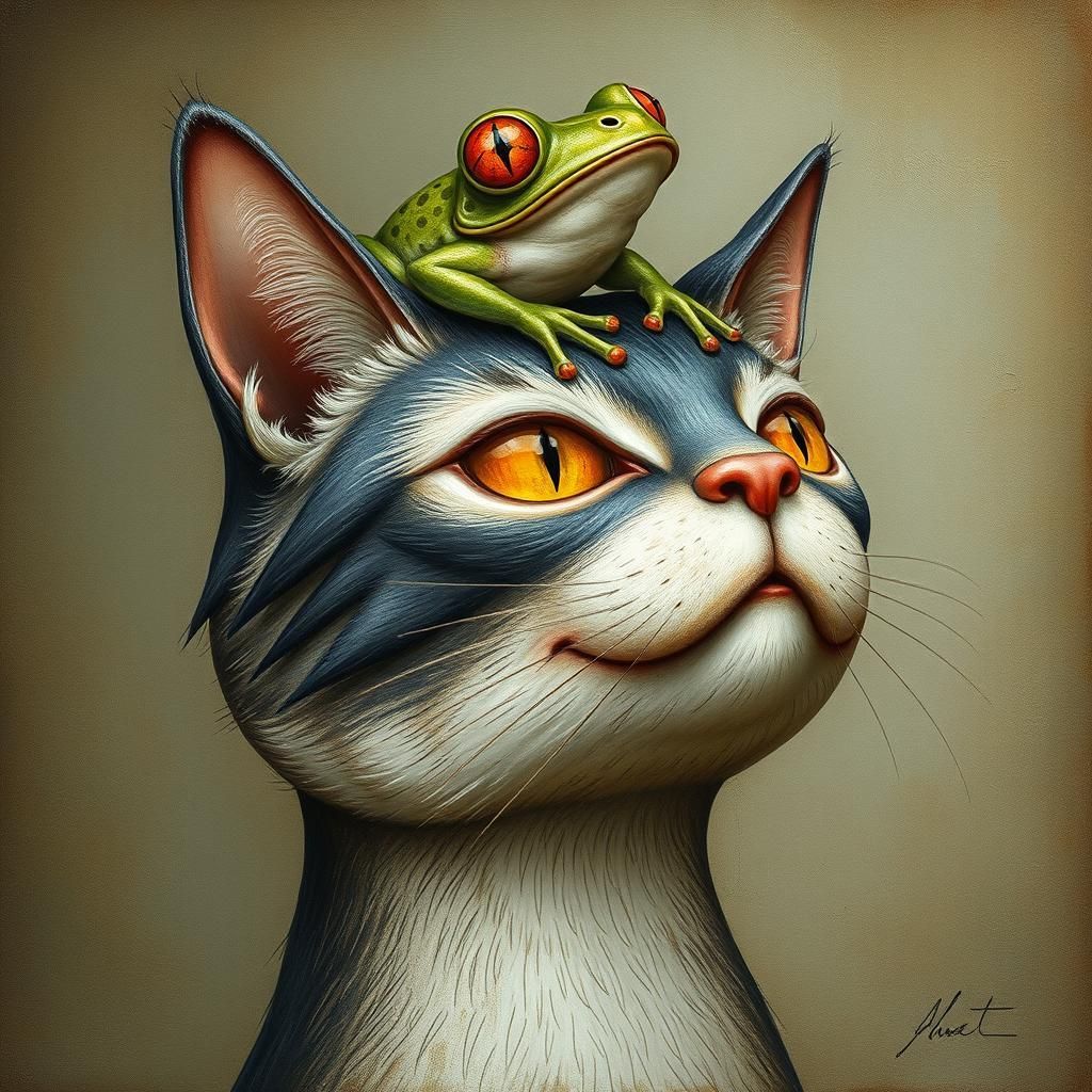 Cat with a frog on its head.