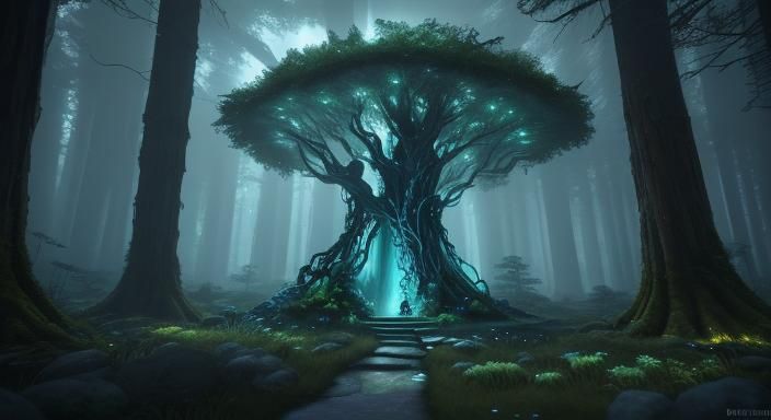 an image of a [mystical forest] with towering [ancient trees...