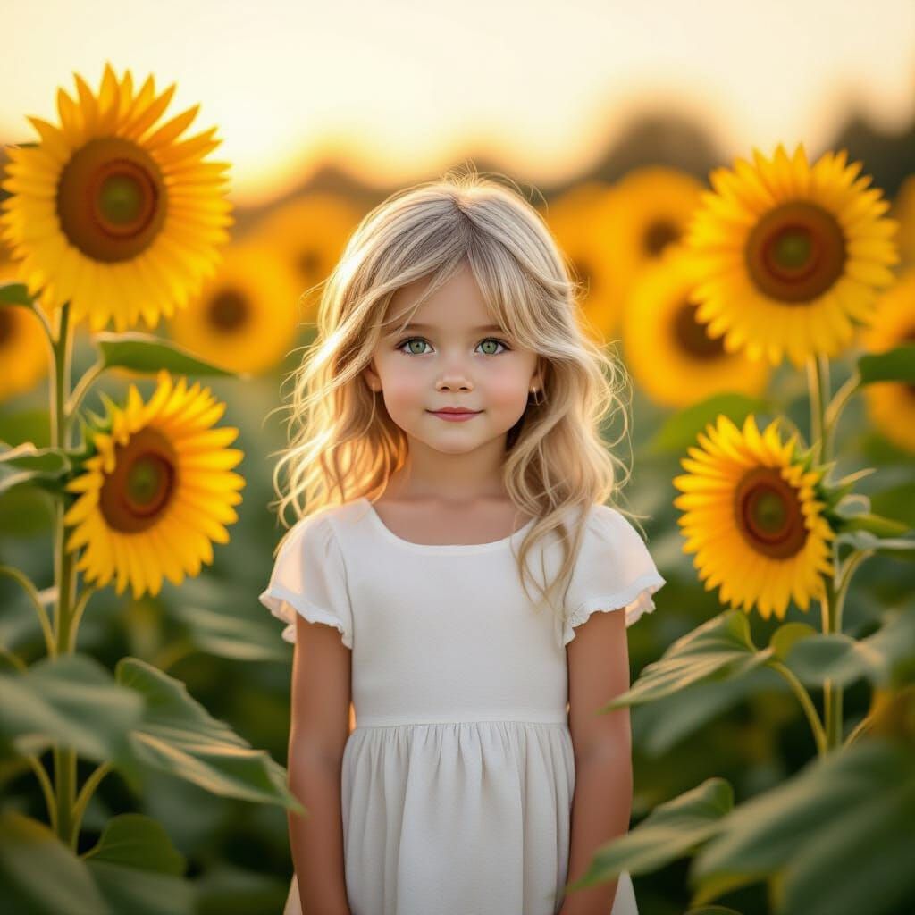 Magical Girl in Sunflower Field, Children's Book Style