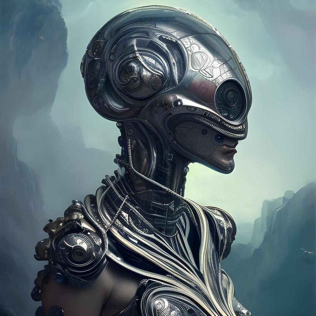 Portrait of an Alien, intricately detailed ornate shiny silver and titanium metal armor  by @Pocketcage