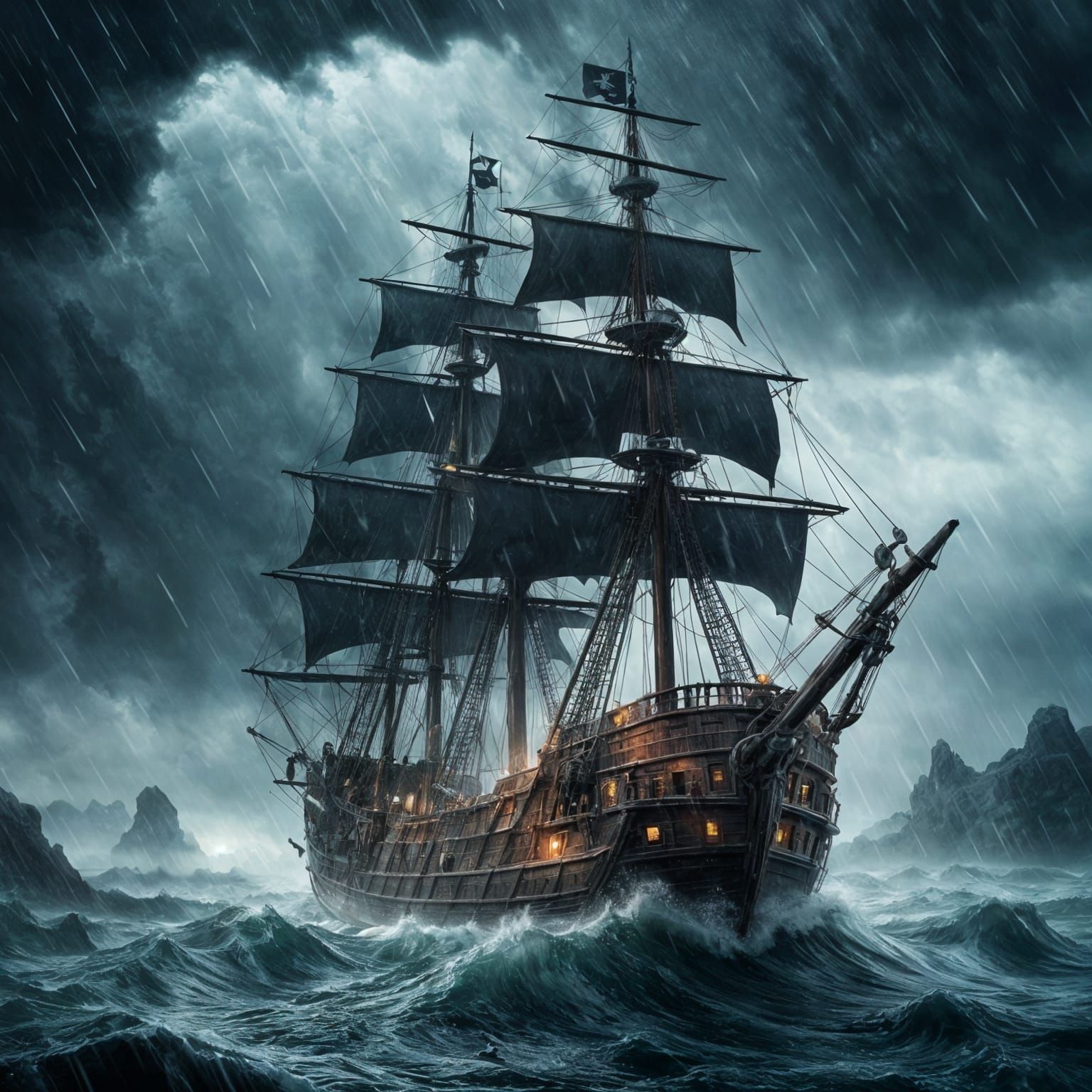 A pirate ship in a heavy rain storm with thunder   by @Queen274