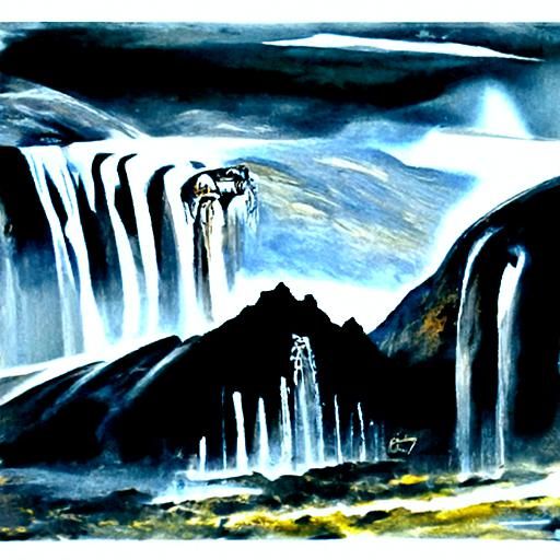 Waterfall and mountains oil painting by James Gurney detaile...