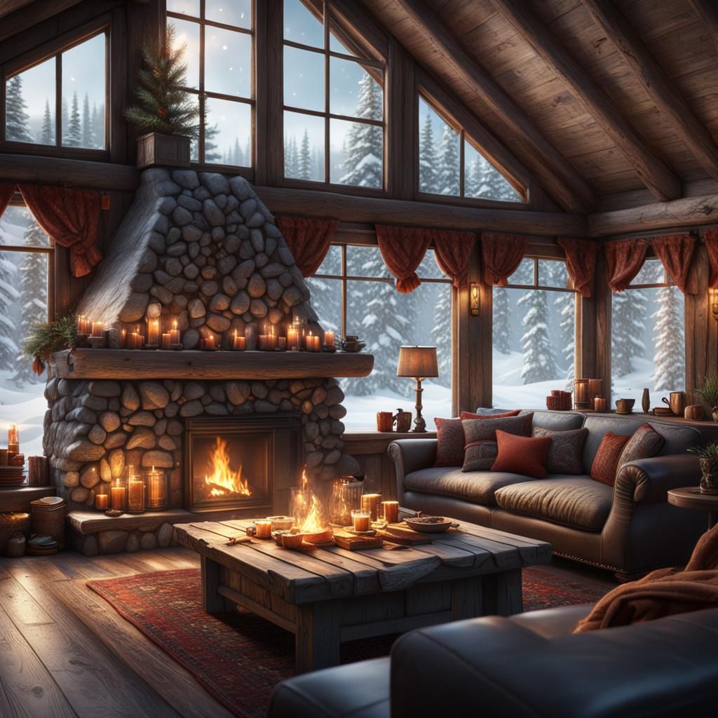 Realistic interior view of a cozy cabin with a large fireplace. Large windows showing thick snow outside. ...  by @Solidsmud