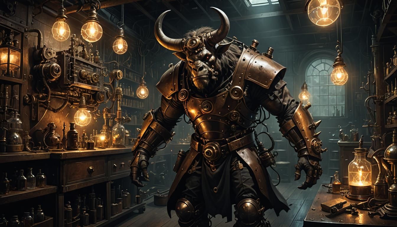 A steampunk minotaur is doing dark scientific experiences in...