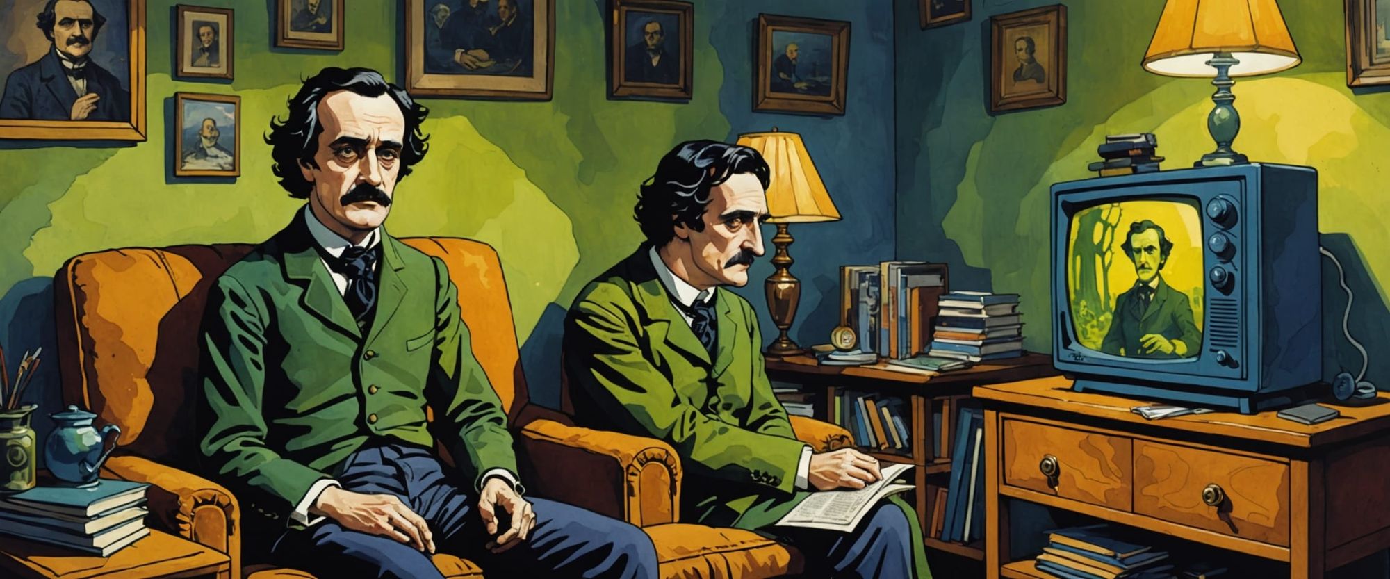 boris karloff and vincent price watching frankenstein on tv, watercolor, gouache, retro comic book, moebius, erin hanson, ghibli, cezanne, m...