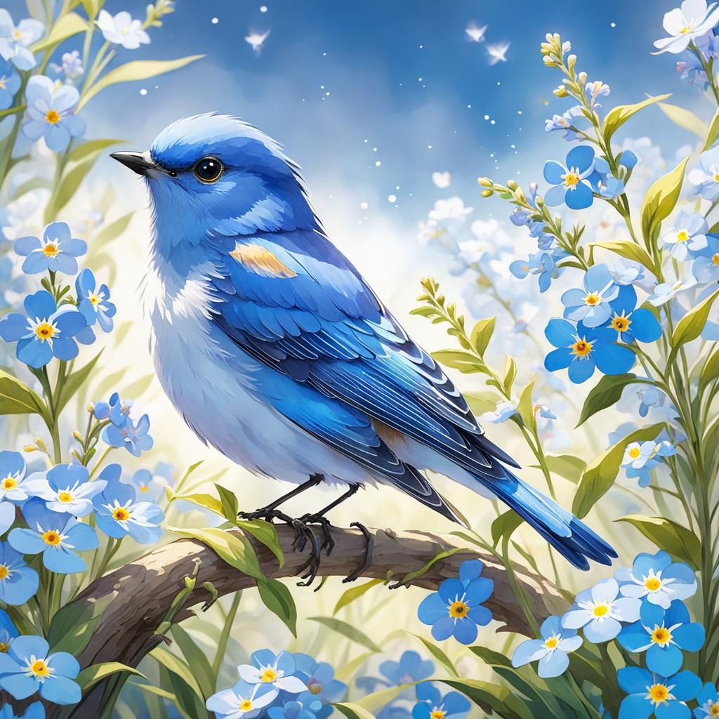 Blue Bird with Forget-Me-Nots: Anime Watercolour Art