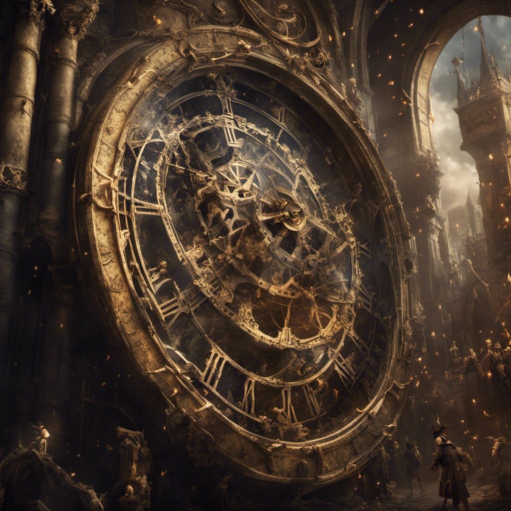Clockwork elves bursting through a large clock overwhelming ...