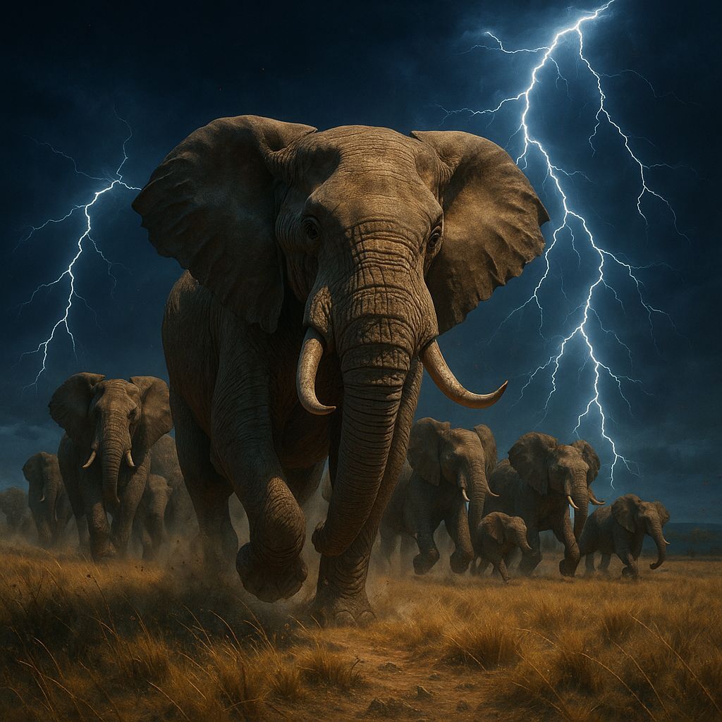 Daily Challenge #998: Masterpiece Monday - A herd of elephants running through a Serengeti  by @RTR_Cat
