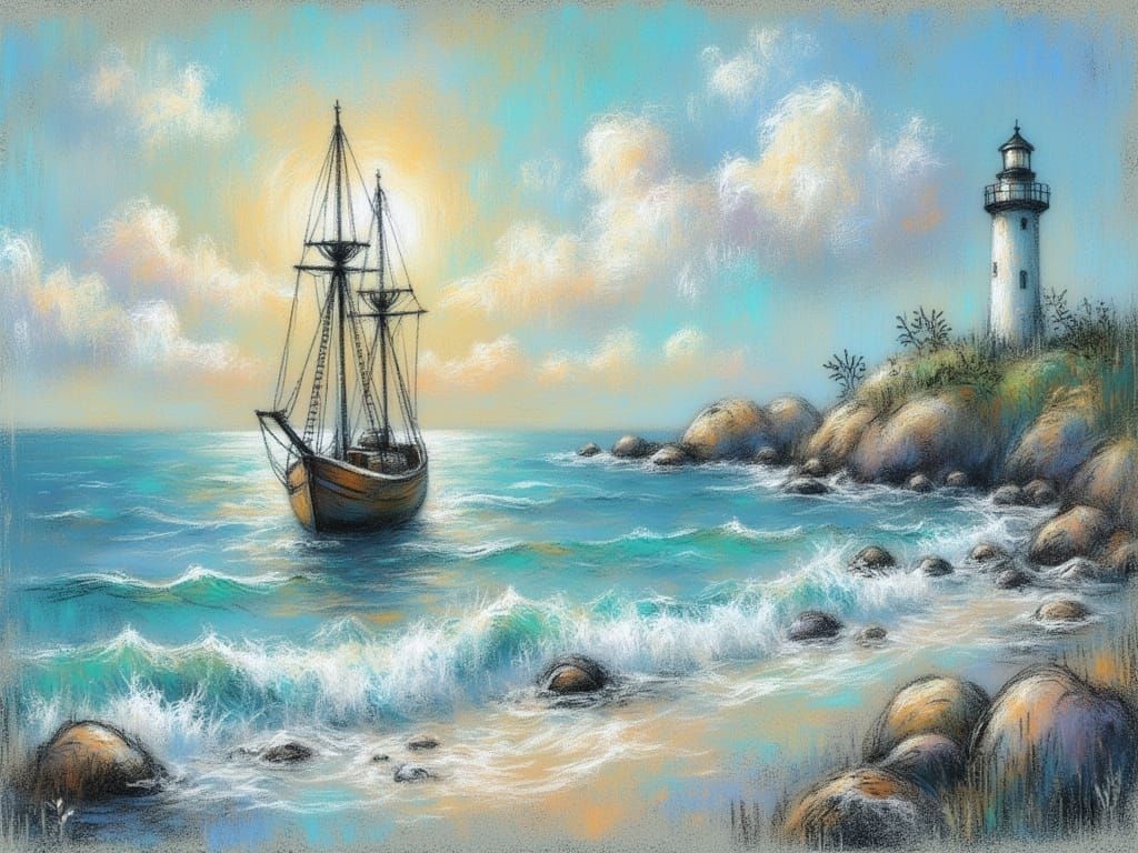 <lora:Chalk Texture-2:1.0> Beautiful seascape with ship and light house, chalk texture.